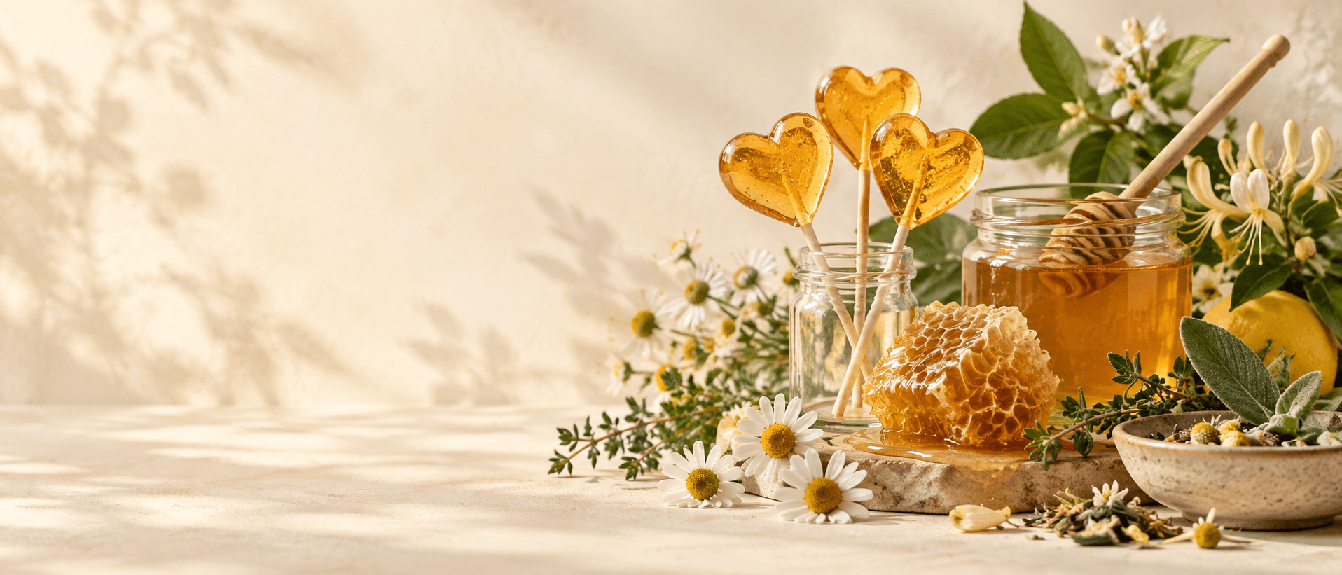 Heart-shaped Lollibongs with honey, honeycomb, lemon, and herbs in warm natural light