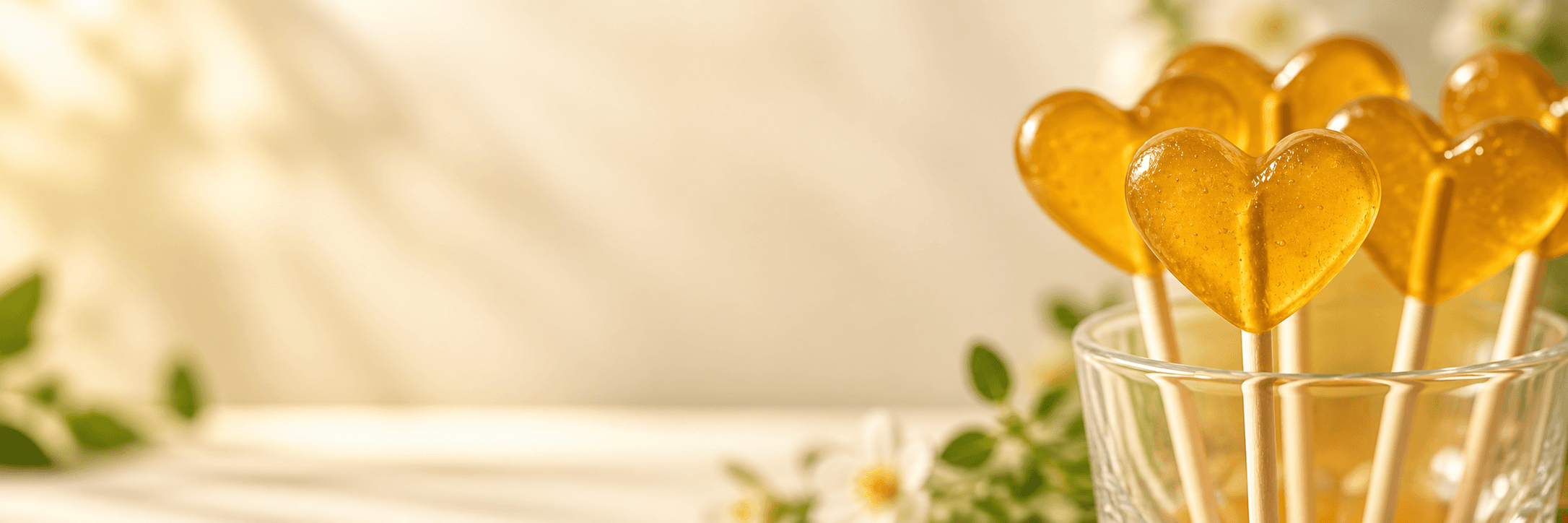 Amber heart-shaped Lollibongs in soft natural light